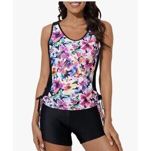 Dokotoo Tankini Swimsuit Size S Two Piece Tummy Control Boy Shorts Floral Black